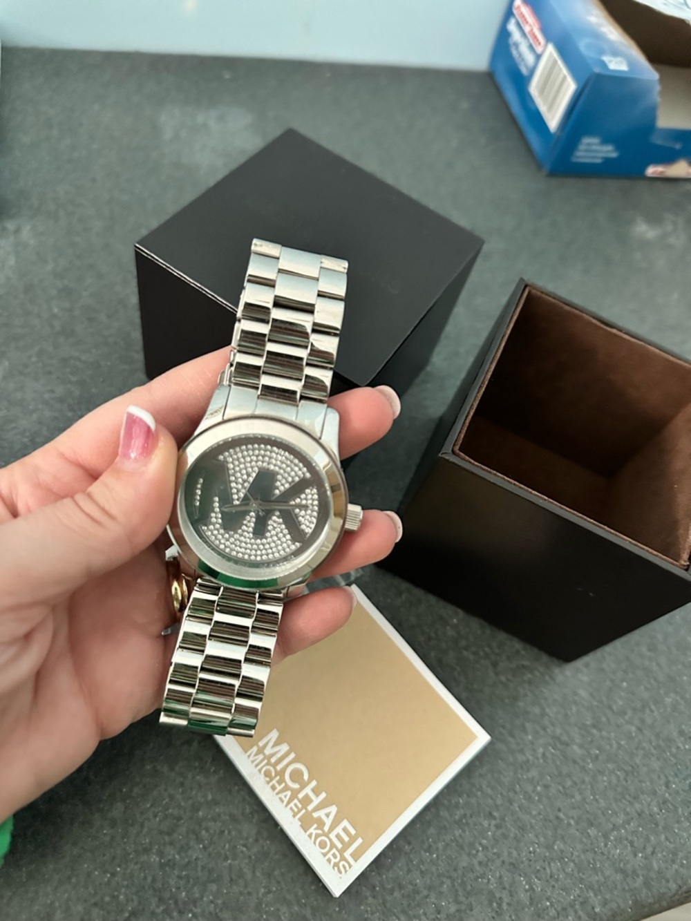 Michael Kors Silver Crystal Rhinestone MK Logo Bracelet Watch